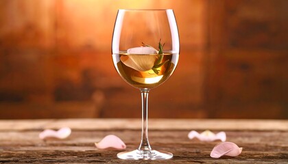 Wine Glass with Flower and Petals on Wooden Table