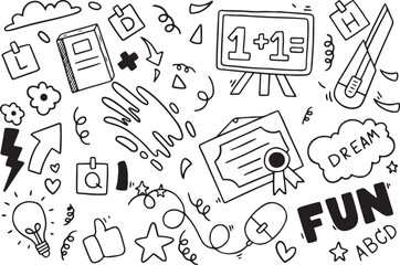 Back to School Doodle Set – Chalkboard, Books, Pencils, Math, ABC, Apple, and Study Icons, Hand Drawn Education Elements, Vector Sketch

