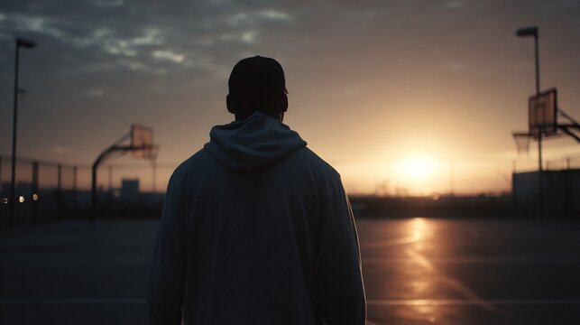 Silhouette of person on basketball court, looking at the setting sun.