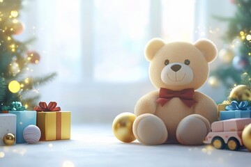 Cute teddy bear sitting in a snowy Christmas setting with presents and ornaments. Festive holiday scene for a joyful celebration.