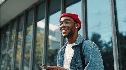 The young man smiling while using a smartphone outdoors near a modern building.