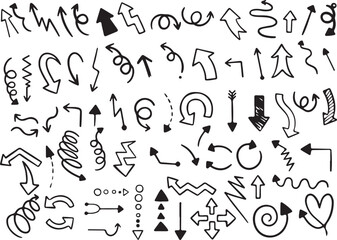 Hand Drawn Arrows Doodle Set – Curved, Twisted, Zigzag, Loop Arrows in Sketch Style, Navigation Icons, Comic Style Direction Vector Elements

