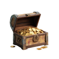 Open wooden treasure chest filled with gold coins