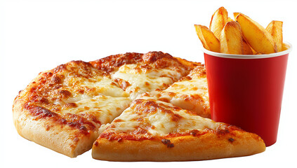 A pizza and french pasta placed next to each other on the table, a red cup with fries in it, against a white background. 