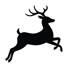A striking black silhouette of a majestic reindeer captured mid-leap, showcasing its impressive antlers and graceful form against a white background.