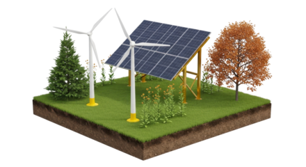 Solar panels and wind turbines generating renewable green energy isolated PNG with Transparent Background