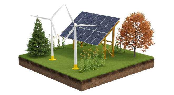 Solar panels and wind turbines generating renewable green energy isolated PNG with Transparent Background