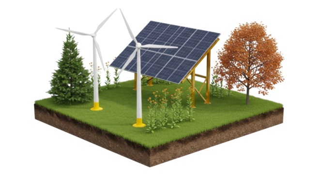 Solar panels and wind turbines generating renewable green energy isolated PNG with Transparent Background