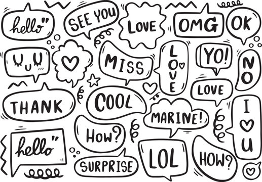 Comic Text Bubble Set – Love, Miss, Cool, OMG, Doodle Style, Hand Drawn, Vector, Black and White, Typography Art, Transparent Background