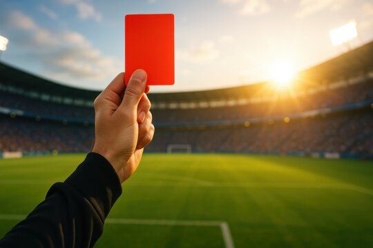 Referee's Hand Displays Red Card at Football Stadium Sports Judgment in Action Bright Daylight Environment - Powered by Adobe