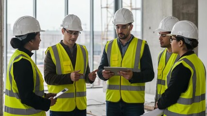 A diverse team of construction professionals in hardhats and safety vests collaborates on a project - Powered by Adobe