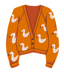 Cozy cute wool sweater or cardigan in orange color with goose pattern for autumn weather. Fall jumper woth buttons  in flat style