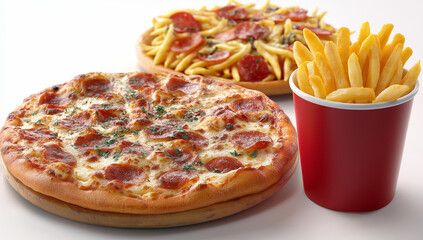 A pizza and french pasta placed next to each other on the table, a red cup with fries in it, against a white background. 