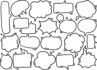 Obraz premium Comic Bubble Doodle Pack – Hand Drawn Outline Talk Boxes, Speech Balloons, Text Frames, Sketch Style, Vector Communication Icons, Cute Comic Set