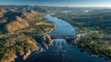 Spectacular panoramic view of a hydroelectric dam nestled in mountains landscape