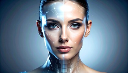 Woman Face with Digital Interface Overlay for Futuristic Technology