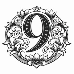 number nine with 3d bevel classic ornaments, engraving, and linocut style illustration
