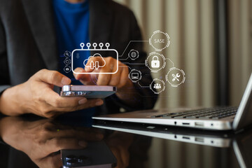 Hand touching secure access service edge icon on smartphone virtual screen background, password,...