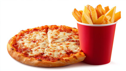 A pizza and french pasta placed next to each other on the table, a red cup with fries in it, against a white background. 