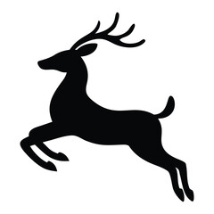 A black silhouette of a reindeer with antlers is captured mid-leap against a white background.