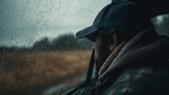 A man in a cap looks out a car window on a rainy day. Raindrops stream down the glass.
