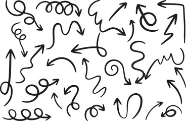 Arrow Doodle Icon Set – Hand Drawn, Curved and Straight, Sketch Arrows Collection, Line Art Style, Transparent Background