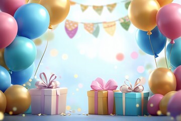 Colorful festive balloons and gift boxes , Party decoration for birthday or anniversary celebration background.