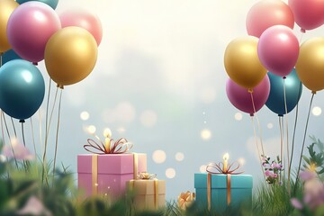 Colorful festive balloons and gift boxes with a candle on green grass. Party decoration for birthday or anniversary celebration background.