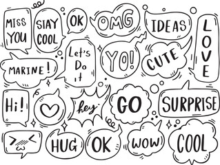 Comic Text Speech Bubble Set – Say, Cool, Love, You, OMG, Cute, Doodle, Typography, Talk Icons, Transparent Background