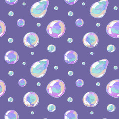 Soap bubbles seamless pattern isolated on dark purple background. Bright transparent circles with glossy reflections. Vector texture for modern design, packaging, kids products, prints