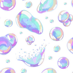 Transparent soap bubbles seamless pattern isolated on white. Light glossy elements with dreamy feel and soft reflections. Vector cartoon background for hygiene design, packaging, kids prints