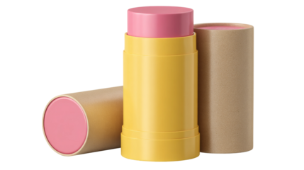 Pink lip balm stick rests near two cardboard tubes container.
