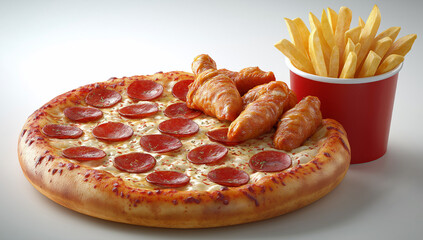 A pizza and french pasta placed next to each other on the table, a red cup with fries in it, against a white background. 