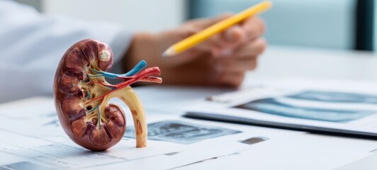 The detailed anatomy model of a human kidney on a study table.