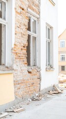 Fototapeta premium Captivating view of an old building's facade undergoing renovation, revealing weathered brickwork and broken windows, a testament to urban transformation.