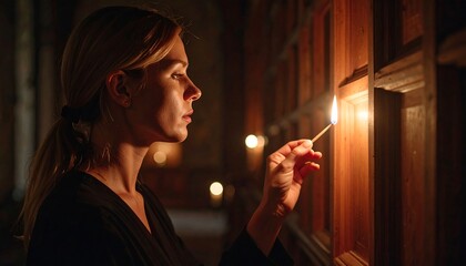 Woman Lighting Match in Dark Room with Wooden Cabinet