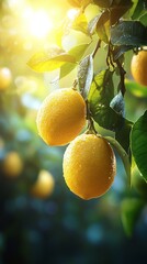 Two ripe lemons hanging on a branch in bright sunlight.