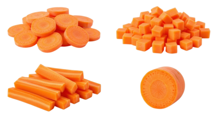Collection of fresh carrot cuts with slices, dices, and sticks isolated PNG with Transparent Background