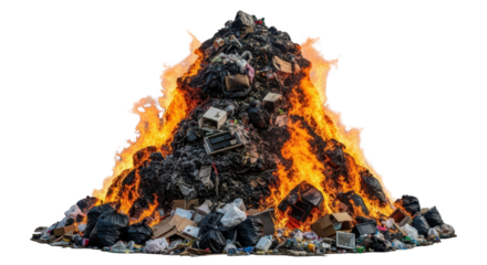 Large burning pile of garbage and electronic waste isolated PNG with Transparent Background