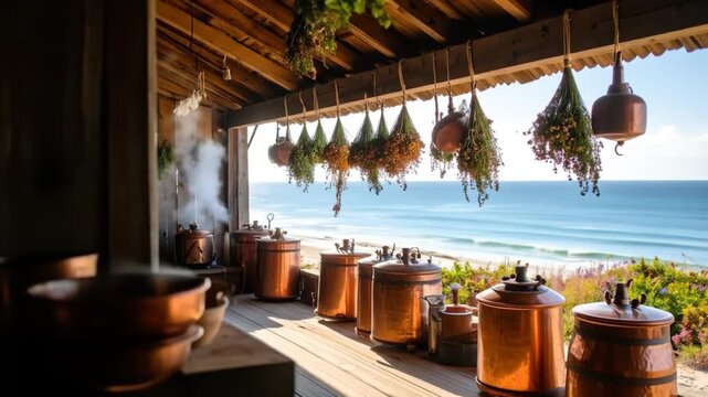 Coastal Herb Apothecary: Rustic Copper Stills by the Sea