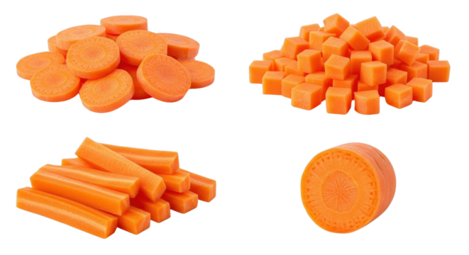 Collection of fresh carrot cuts with slices, dices, and sticks isolated PNG with Transparent Background