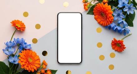 Clean Mobile Device Mockup with Flowers and Gold Dots for Creative Presentation, Minimalist Design.