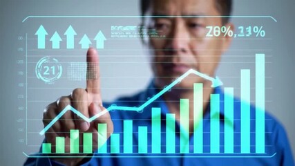 Businessman interacting with graph on a virtual screen. Digital marketing strategy with SEO trends and online advertising performance analysis.