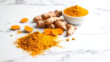 Fototapeta premium Turmeric powder and roots on marble