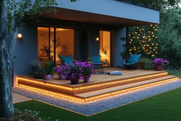 Modern house exterior footage at dusk. Contemporary home design with outdoor living space and landscaping motion picture in twilight. Residential architecture