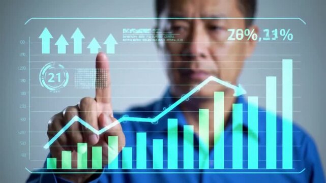 Businessman interacting with graph on a virtual screen. Digital marketing strategy with SEO trends and online advertising performance analysis.