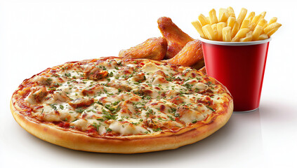 A pizza and french pasta placed next to each other on the table, a red cup with fries in it, against a white background. 