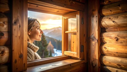 Woman Looking at Mountain View Through Cabin Window at Sunset