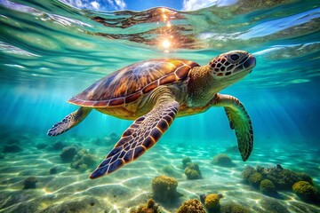 Obraz premium A sea turtle swimming in the ocean with coral reefs and sunlight