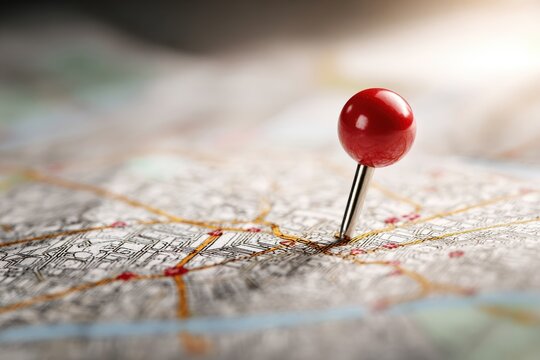 Red location pin marking urban area for travel planning and navigation during city adventures and exploration activities